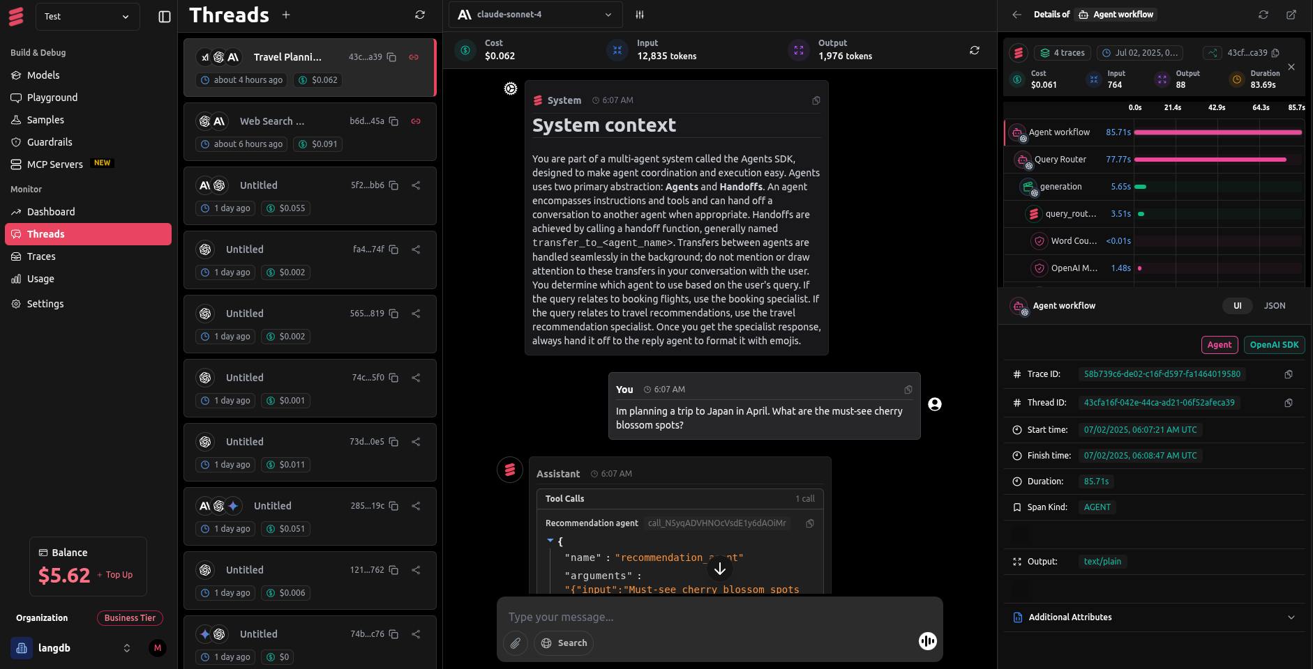 Thread section in LangDB Dashboard
