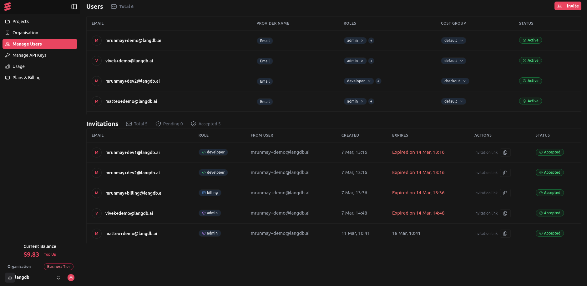 LangDB - Users and Roles settings